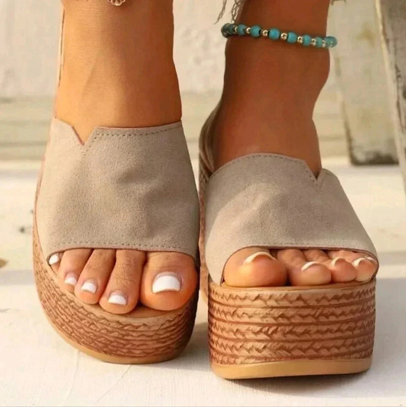 Open Toe Beige Thick Bottom Wedge Sandals For Women In Large Sizes With Pu Soles - Picture 2 of 5